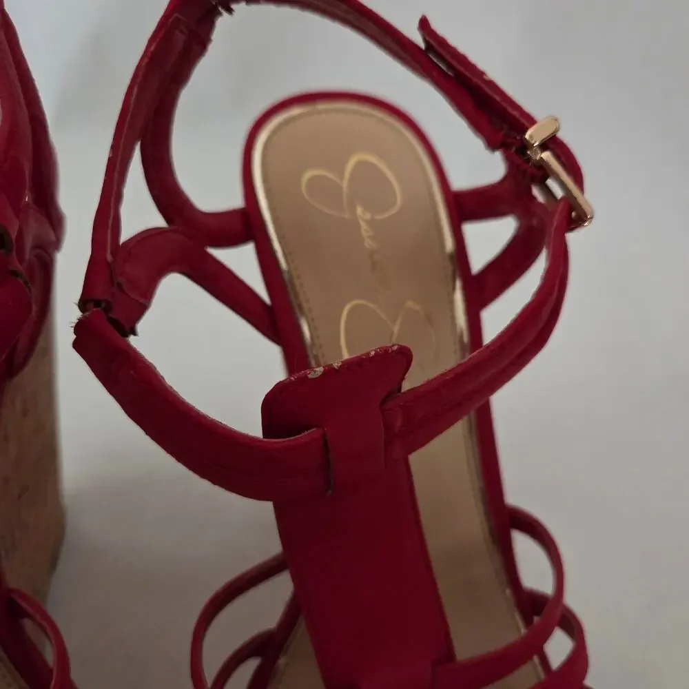 Jessica Simpson Brinlee Red Strappy Tall Cork Wedge Sandals Baddie Summer Sz 7.5